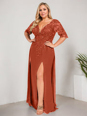 Sheath/Column V-Neck Floor-Length Lace Chiffon Mother of the Bride Dress With Sequins