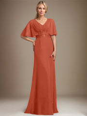 A-line V-Neck Floor-Length Chiffon Mother of the Bride Dress With Sequins Appliques Lace Pleated