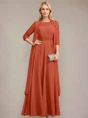A-line Scoop Illusion Floor-Length Lace Chiffon Mother of the Bride Dress With Pleated