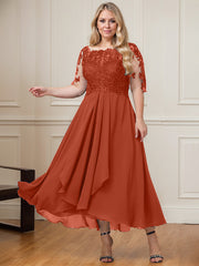 A-line Boat Neck Illusion Asymmetrical Lace Chiffon Mother of the Bride Dress With Cascading Ruffles Sequins