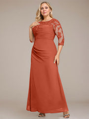 A-line Scoop Floor-Length Chiffon Lace Mother of the Bride Dress With Sequins Beading Pleated
