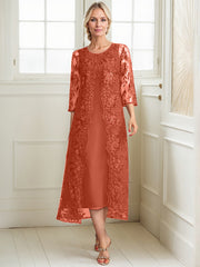 A-line Scoop Tea-Length Lace Chiffon Mother of the Bride Dress