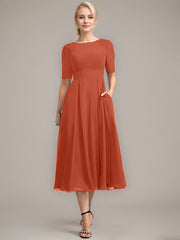 A-line Scoop Tea-Length Chiffon Mother of the Bride Dress With Appliques Lace Sequins