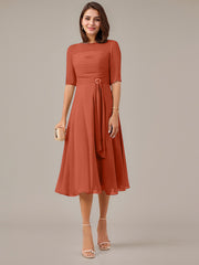 A-Line Boat-neck Pleated Chiffon Mother of the Bride Dress