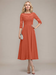 A-line Scoop Illusion Tea-Length Chiffon Lace Mother of the Bride Dress With Sequins Beading