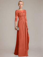 A-line Scoop Illusion Floor-Length Chiffon Lace Mother of the Bride Dress With Beading Sequins Cascading Ruffles