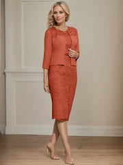 Sheath/Column Scoop Knee-Length Chiffon Lace Mother of the Bride Dress With Beading