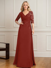 A-line V-Neck Floor-Length Lace Chiffon Mother of the Bride Dress With Pleated Sequins