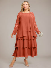 A-line Scoop Tea-Length Chiffon Mother of the Bride Dress With Cascading Ruffles