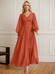 A-line V-Neck Ankle-Length Chiffon Mother of the Bride Dress With Cascading Ruffles Beading Sequins