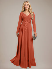 A-line V-Neck Floor-Length Stretch Crepe Evening Dress With Pleated Sequins Appliques Lace