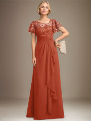 A-line Asymmetrical Illusion Floor-Length Lace Chiffon Mother of the Bride Dress With Cascading Ruffles Sequins