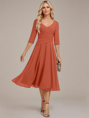 A-line V-Neck Tea-Length Chiffon Mother of the Bride Dress With Pleated