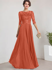A-line Scoop Illusion Floor-Length Lace Chiffon Mother of the Bride Dress With Pleated Sequins