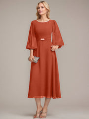 A-line Scoop Tea-Length Chiffon Mother of the Bride Dress With Crystal Brooch Pleated