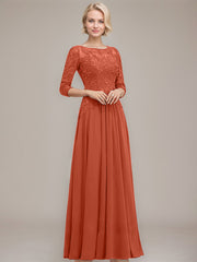 A-line Boat Neck Illusion Floor-Length Chiffon Lace Mother of the Bride Dress With Sequins Beading