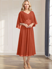 A-line V-Neck Tea-Length Chiffon Mother of the Bride Dress With Pleated Sequins Appliques Lace Beadind