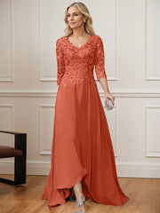 A-Line V-Neck 3/4 Sleeves Chiffon Mother Of The Bride Dresses With Lace