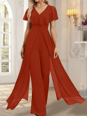 Jumpsuit/Pantsuit V-Neck Floor-Length Chiffon Evening Dress