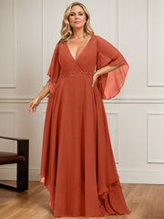 A-line V-Neck Floor-Length Chiffon Mother of the Bride Dress With Sequins Appliques Lace Beading