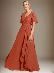 A-line V-Neck Floor-Length Lace Chiffon Mother of the Bride Dress With Cascading Ruffles Sequins