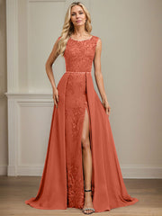 Sheath/Column Scoop Illusion Floor-Length Detachable Chiffon Lace Mother of the Bride Dress With Sequins Beading