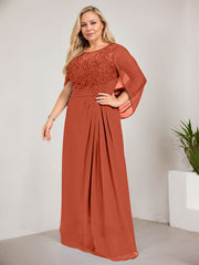 A-line Scoop Illusion Floor-Length Lace Chiffon Mother of the Bride Dress With Sequins Pleated
