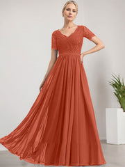 A-line V-Neck Floor-Length Lace Chiffon Mother of the Bride Dress