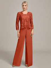 Silver Chiffon Pant and Lace Top Mother of The Bride Wide Pant Suits