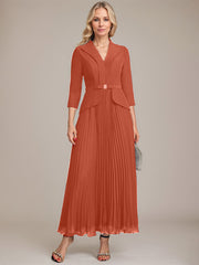 A-line Collared V-Neck Ankle-Length Chiffon Mother of the Bride Dress With Beading Pleated