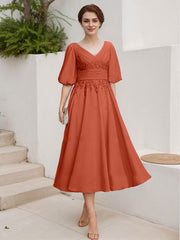 A-Line V-Neck 1/2 Sleeves Chiffon Mother Of The Bride Dresses With Lace