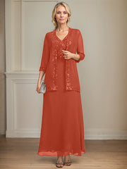 A-line V-Neck Ankle-Length Lace Sequin Chiffon Mother of the Bride Dress