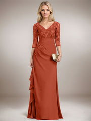 A-line V-Neck Floor-Length Lace Chiffon Mother of the Bride Dress With Cascading Ruffles