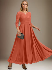 A-line V-Neck Ankle-Length Chiffon Lace Mother of the Bride Dress With Rhinestone