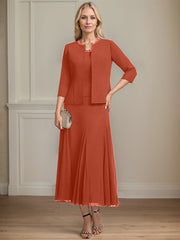 Separates A-line Scoop Tea-Length Chiffon Mother of the Bride Dress With Sequins Beading