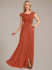 A-line Scoop Floor-Length Mesh Mother of the Bride Dress With Pleated Beading