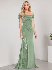 A-Line Off the Shoulder Floor-Length Chiffon Mother of the Bride Dress Applique Beadings Mermaid Dress With  High Split