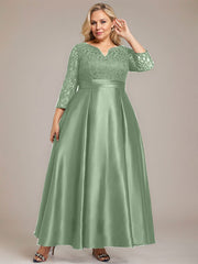 A-line V-Neck Ankle-Length Lace Satin Mother of the Bride Dress With Rhinestone