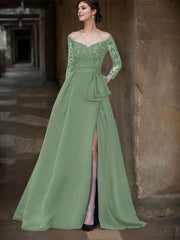A-Line Off-The-Shoulder 3/4 Sleeves Sweep Train Lace/Satin Mother Of The Bride Dresses With Split Front