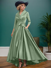 A-Line V-Neck 3/4 Sleeves Satin Mother Of The Bride Dresses With Pockets