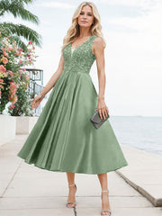 A-Line V-Neck Sleeveless Tea-Length Satin Mother Of The Bride Dresses With Lace
