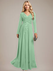 A-line V-Neck Floor-Length Stretch Crepe Evening Dress With Pleated Sequins Appliques Lace