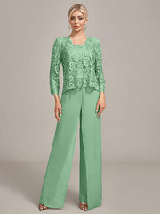 Silver Chiffon Pant and Lace Top Mother of The Bride Wide Pant Suits