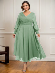 A-line V-Neck Tea-Length Chiffon Mother of the Bride Dress With Pleated