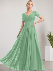 A-line V-Neck Floor-Length Lace Chiffon Mother of the Bride Dress