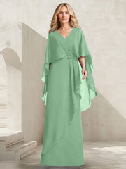 A-line V-Neck Floor-Length Chiffon Mother of the Bride Dress With Cascading Ruffles Beading