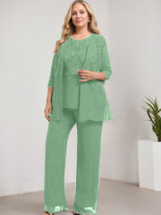 Separates Pantsuit Scoop Floor-Length Lace Chiffon Mother of the Bride Dress With Sequins