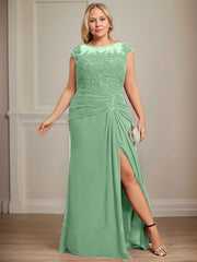 Sheath/Column Scoop Illusion Floor-Length Chiffon Lace Mother of the Bride Dress With Pleated Sequins Beading