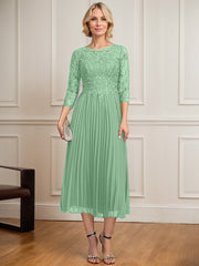 A-line Scoop Illusion Tea-Length Lace Chiffon Mother of the Bride Dress With Sequins Pleated