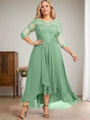 A-line Scoop Illusion Asymmetrical Lace Chiffon Mother of the Bride Dress With Cascading Ruffles